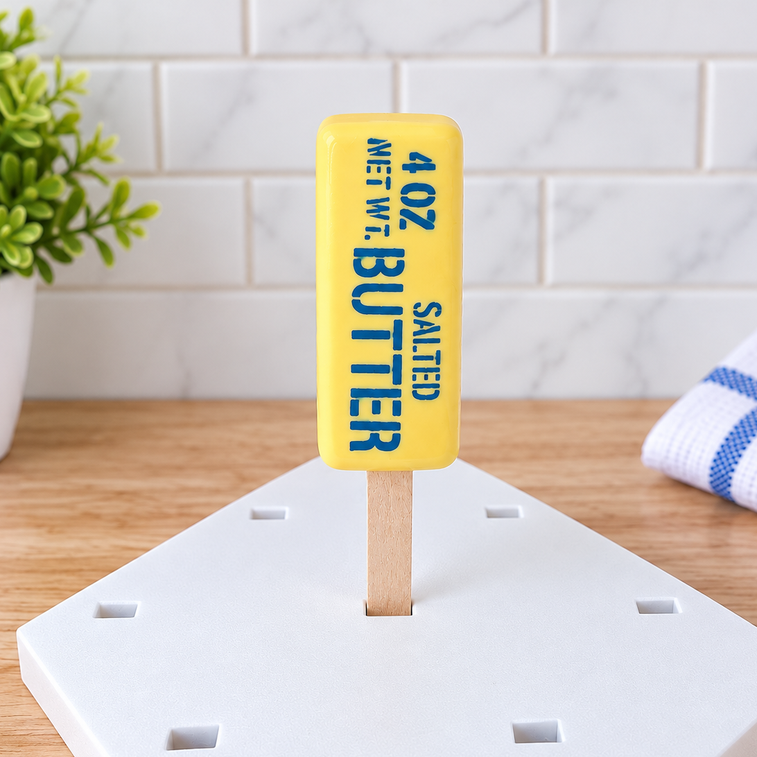 A novelty butter-shaped product on a wooden stick, displayed upright in a white hexagonal holder on a wooden surface with a tiled backsplash, a potted plant, and a blue-and-white cloth in the background.