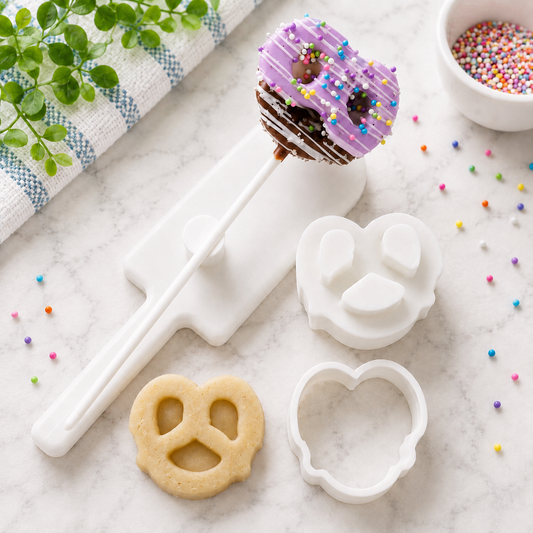Pretzel cake pop with cut dough and the cutter and embossed plunger