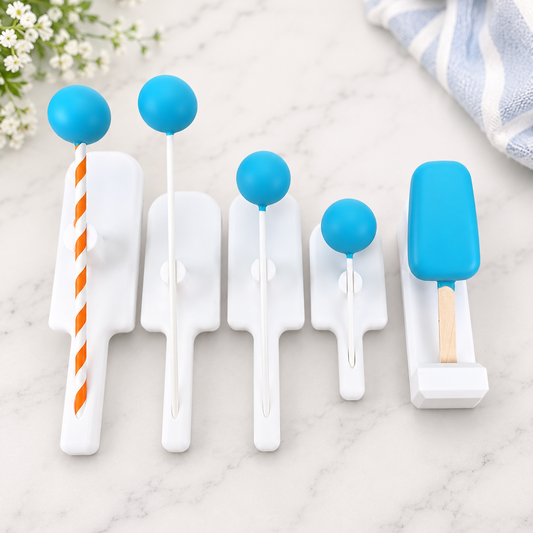White individual decorating holders displayed side by side, including a paper straw holder, holder for the 8 and 6 inch cake pop sticks, 4 inch cake pop holder, and cakesicle holder. Each tool holds treats securely for hands-free decorating, painting and detailed edible designs.