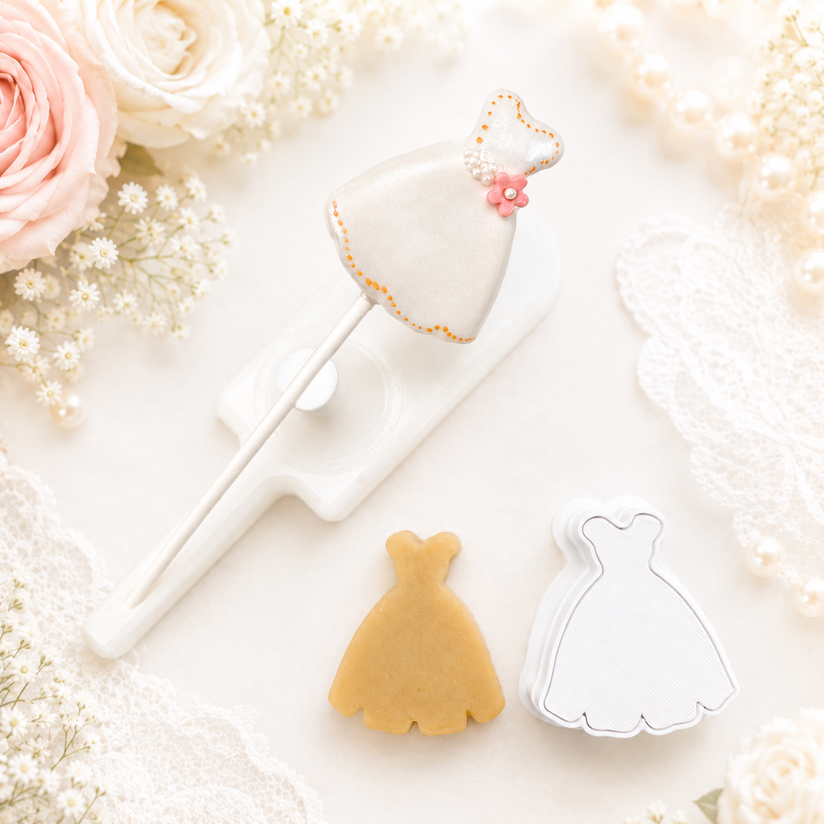 Dress-shaped cake pop cutter and matching cake pop placed on a white stand, styled with a dress cut from cake pop dough
