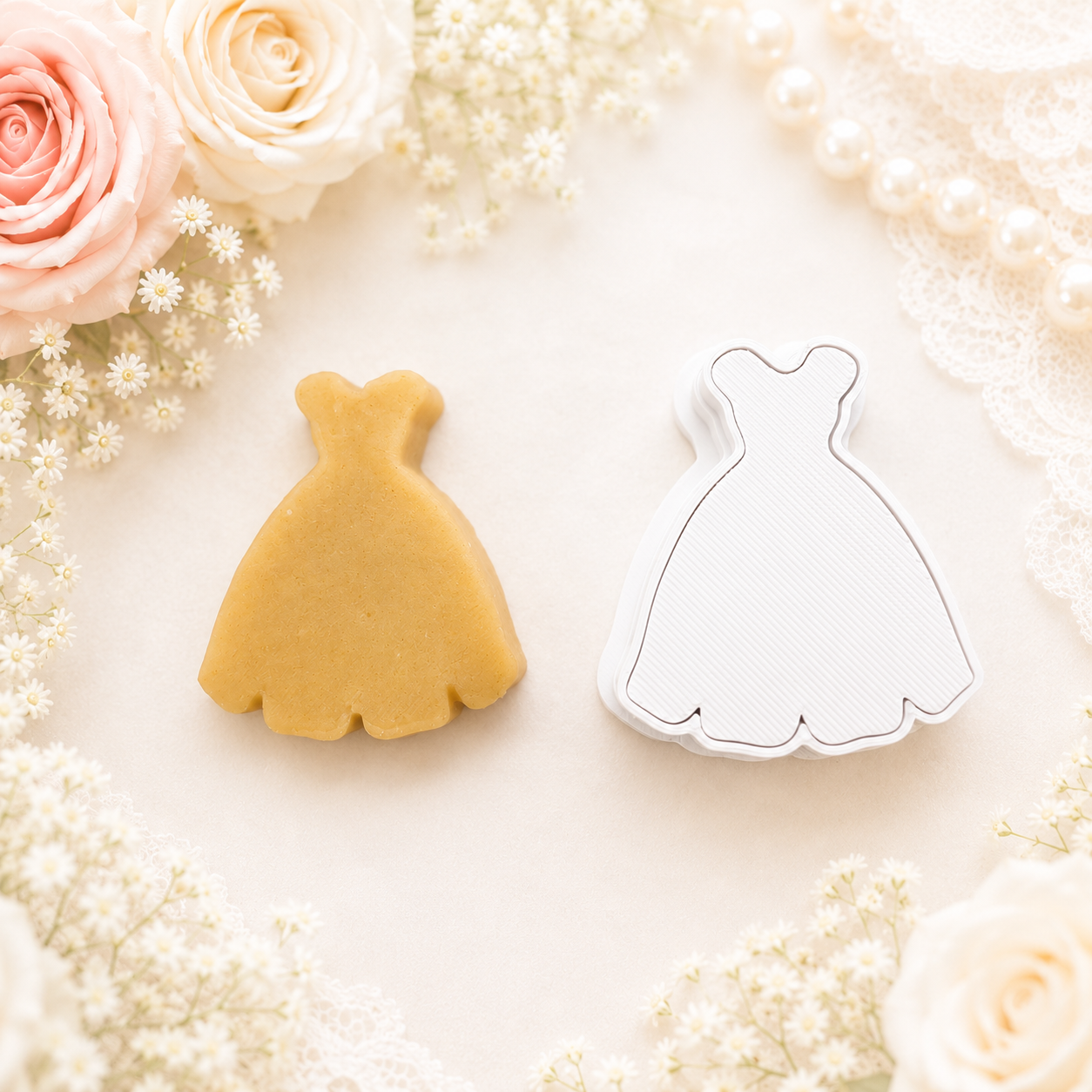 A dress-shaped cake pop  cutter shown next to a dress cake pop cut from cake pop dough