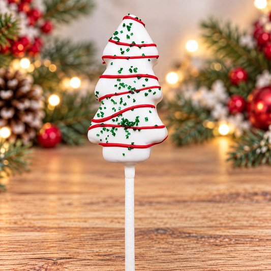 A Christmas tree-shaped white cake pop or lollipop with red icing stripes and green sprinkles, standing on a wooden surface with blurred holiday decorations in the background.