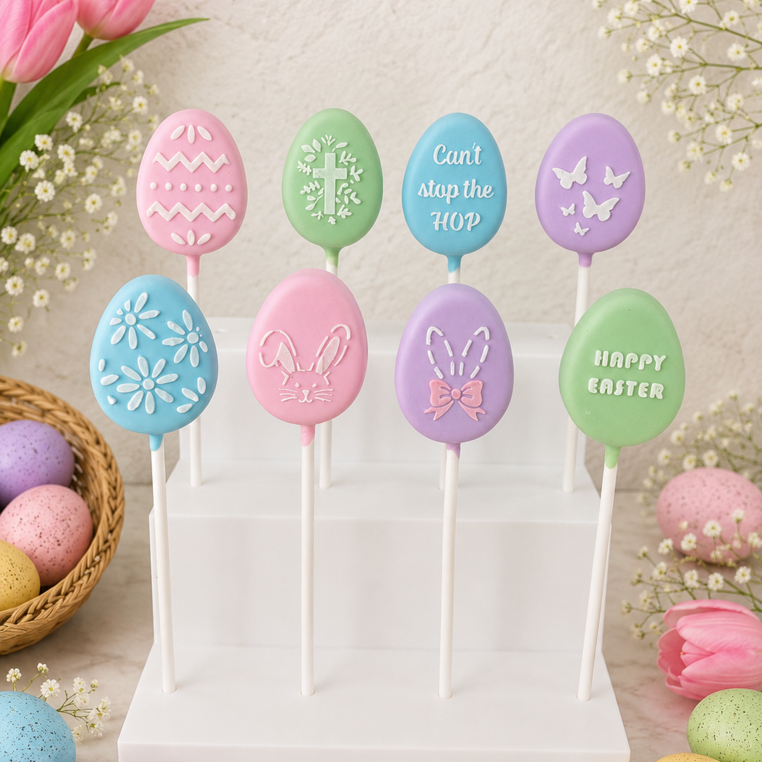 Eight pastel Easter egg-shaped cake pops with our Easter stencil designs 