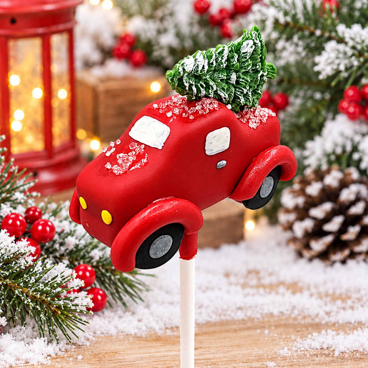 Red Christmas Truck with tree and frost cake pop