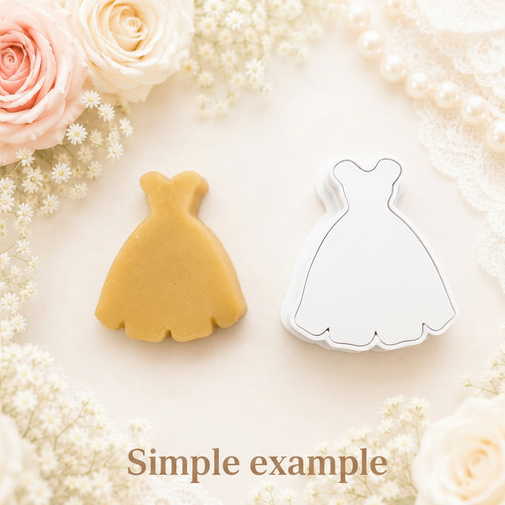 A dress-shaped cake pop  cutter shown next to a dress cake pop cut from cake pop dough