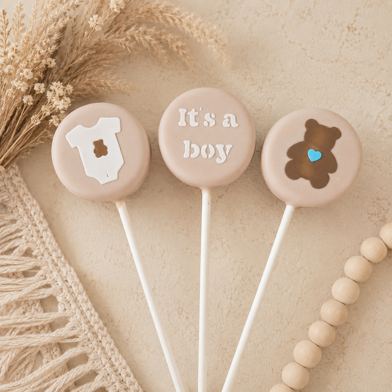 HGB3D Baby Stencils on cake pops – Baby Onesie, Teddy Bear, and It's a boy