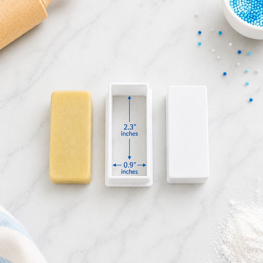 Skinny Rectangle cake pop cutter with plunger and cut out dough. With inside cutting edge measurements.