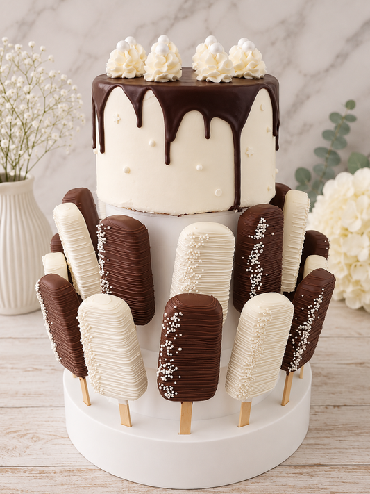 Cake and Cakesicle Tower that holds up to a 6" Cake and 2 Dozen Cakesicles