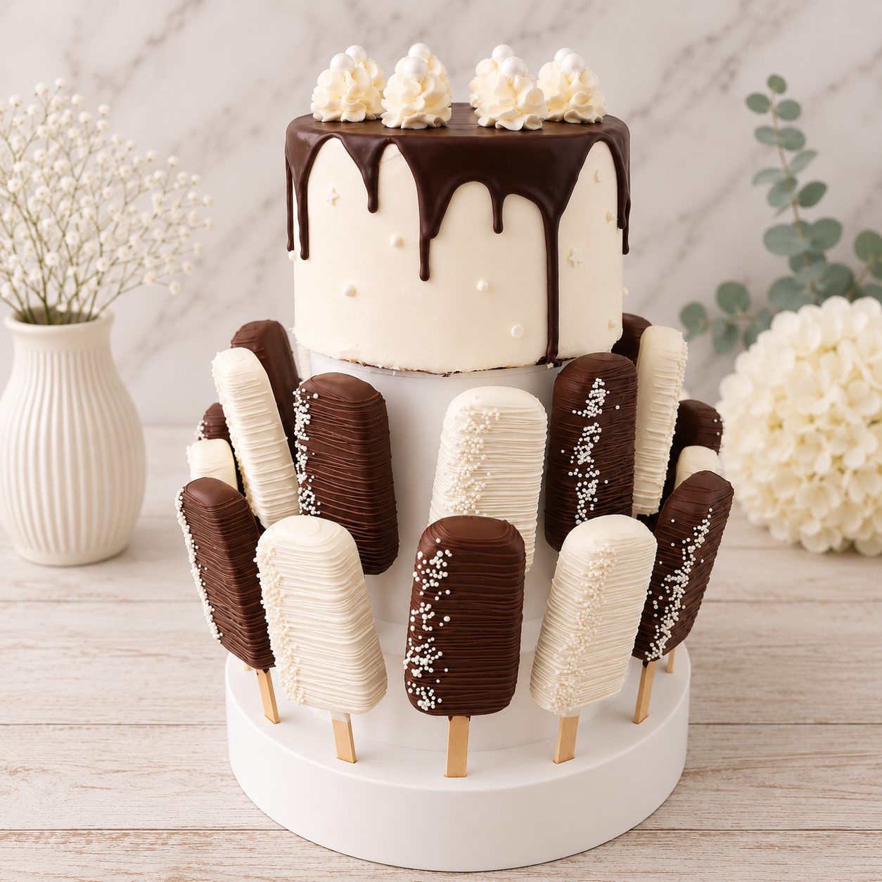 Cake and Cakesicle Tower that holds up to a 6" Cake and 2 Dozen Cakesicles